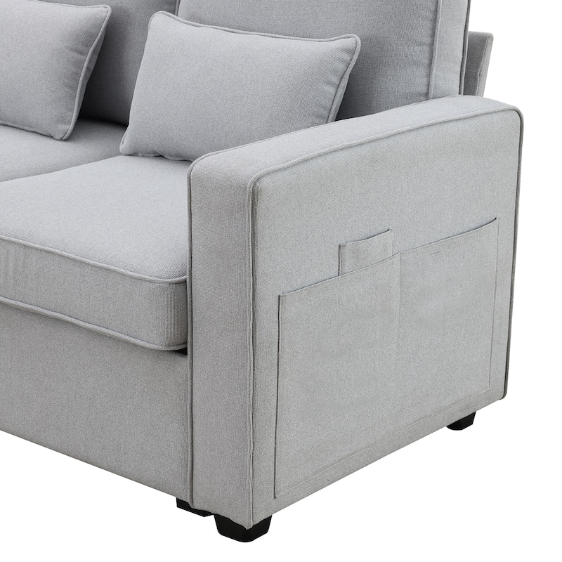 Modern 4-Seat Sofa with Console, Wireless Charging, 2 Cupholders, and 4 Pillows, Upholstered in Linen Fabric