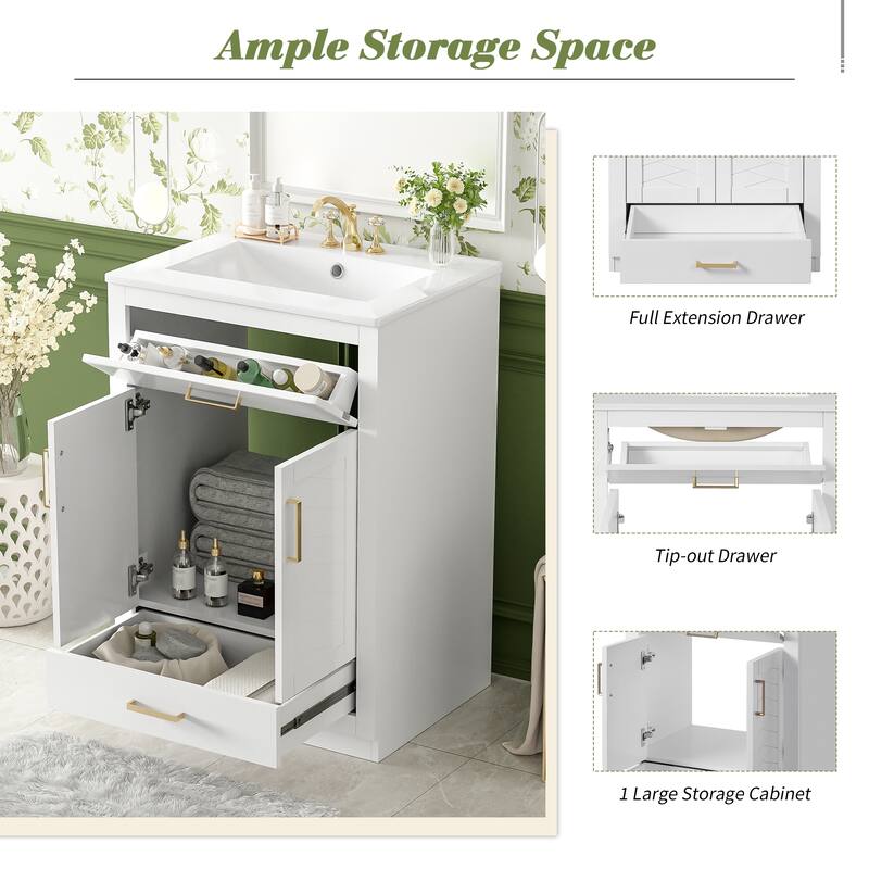 Floor Standing 24" Bathroom Vanity for Small and Medium Restroom, Integrated Ceramic Sink Bathroom Storage Cabinet