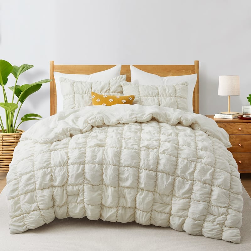 Puff Quilting Comforter Set with Pillowcases, Modern All Season Puffy Bedding Set - Twin - Cream
