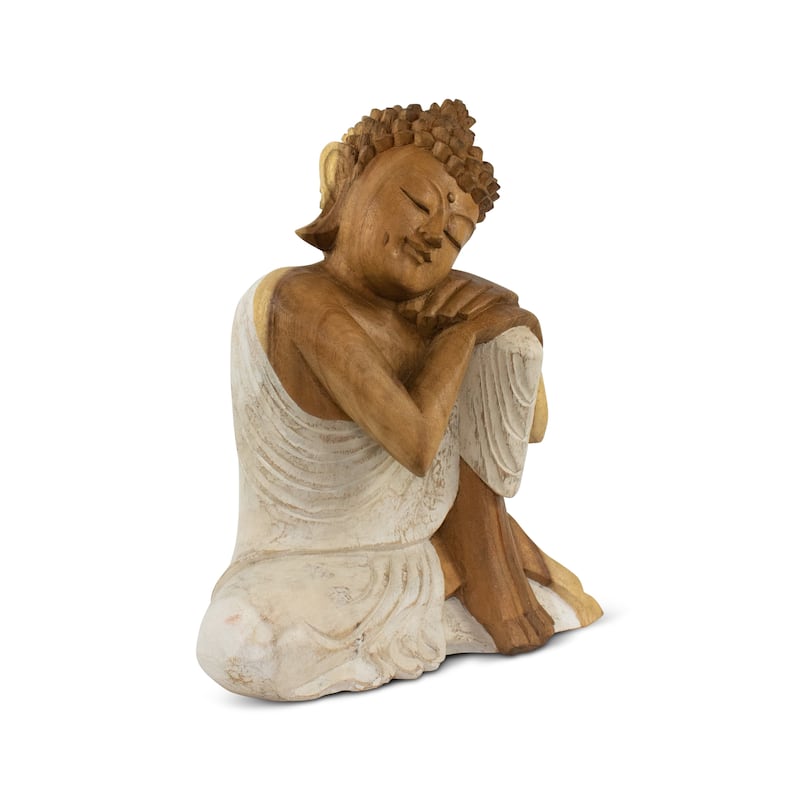 Wood Sleeping Buddha Statue Hand Carved Whitewashed Sculpture, Peaceful Zen Decor - 12" tall x 10" wide x 5.5" deep