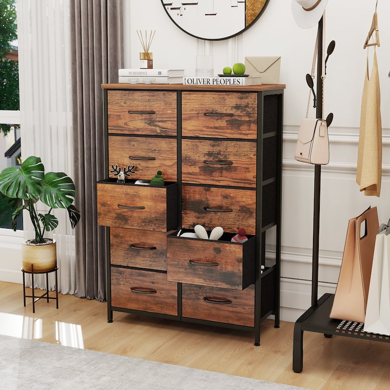 Dresser for Bedroom, 10 Storage Drawers, Anti-Tip Tall Fabric Closet Chests Organizer Tower Furniture Wooden Top Metal Frame - Brown