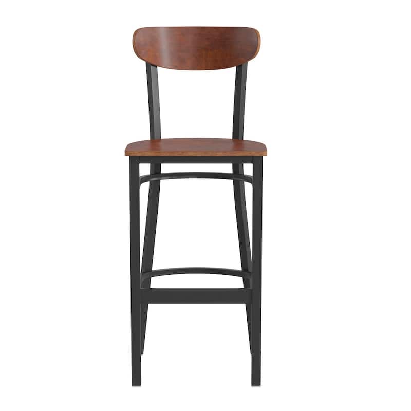 Commercial Metal Barstool with Wood Seat and Boomerang Back