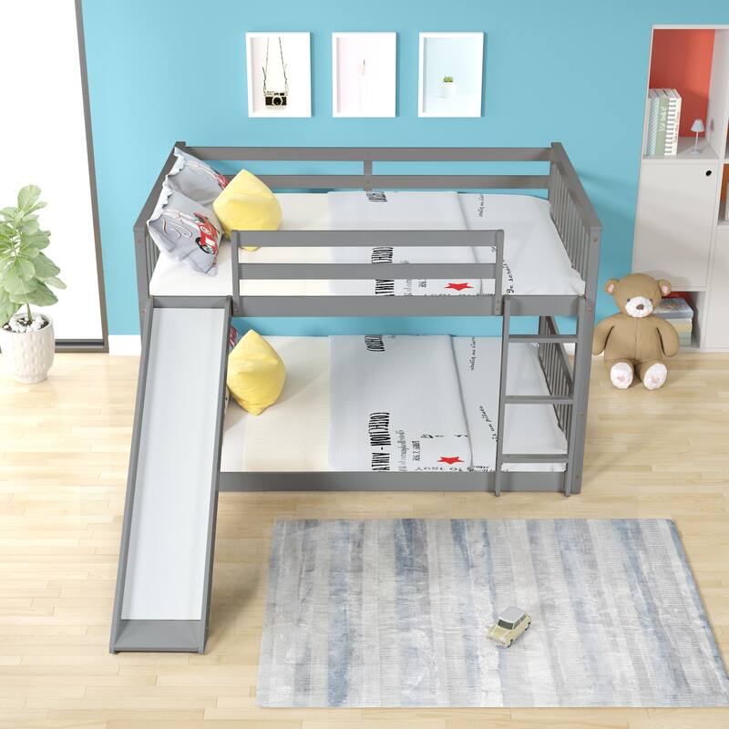 Grey Full Over Full Bunk Bed with Slide and Ladder, Solid Pine Wood Frame, No Box Spring Needed