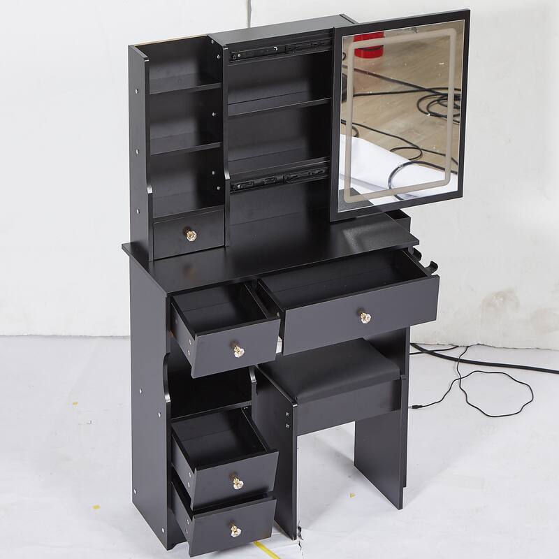 29.2" Small Size Left Drawer Desktop Vanity Table + Cushioned Stool, 2 AC+2 USB Power Station, Hair dryer bracket