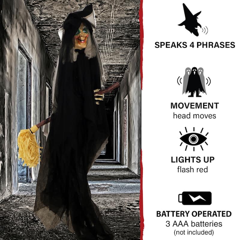 Haunted Hill Farm 6.5 ft. Witch on Broom, Indoor/Covered Outdoor Halloween Decoration, LED Red Eyes, Battery-Operated, Misty