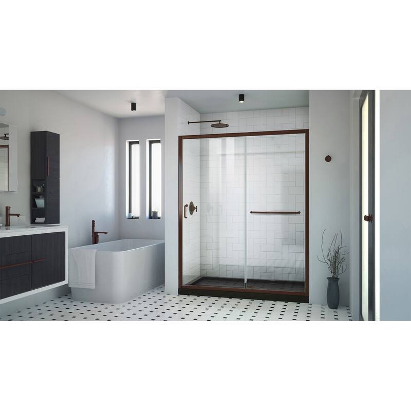 DreamLine Infinity-Z 30 in D x 60 in. W x 74 3/4 in H Clear Sliding Shower Door in Oil Rubbed Bronze, Center Drain Black Base