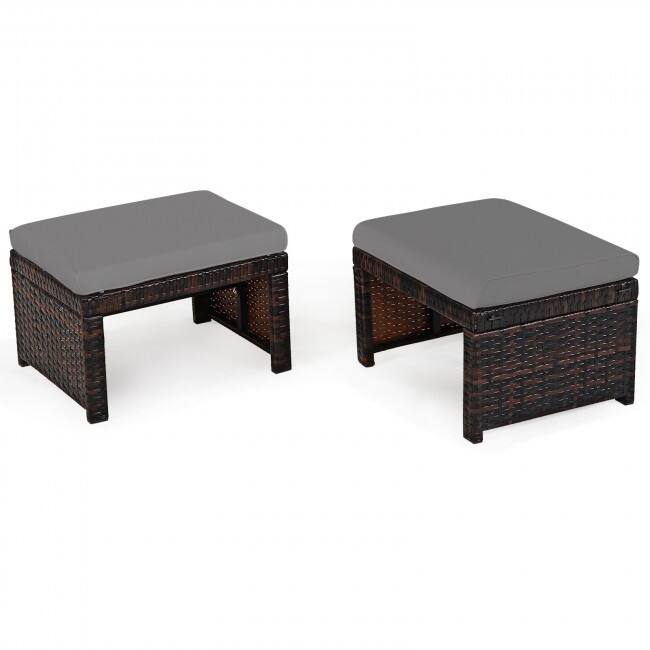2 Pieces Cushioned Patio Rattan Ottoman Foot Rest-Gray - 19.5" x 15.5" x 13" (L x W x H)