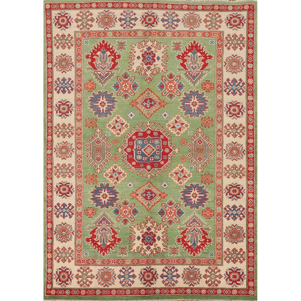 Traditional Green Kazak Oriental Area Rug Hand-Knotted Wool Carpet - 4'11" x 6'9"