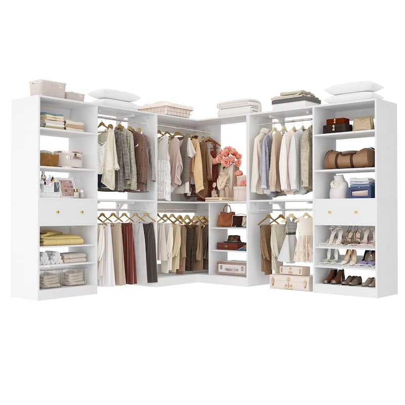 Zyntex Corner Closet System with 2 Wooden Drawers and 6 Hanging Rods, Freestanding Walk-in Closet Organizer with Storage Shelves