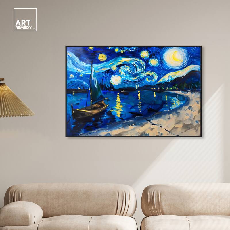 Art Remedy Whimsical Night Sail Framed Impressionism 1 Piece Canvas Wall Art /Monet And Van Gogh Inspired Art