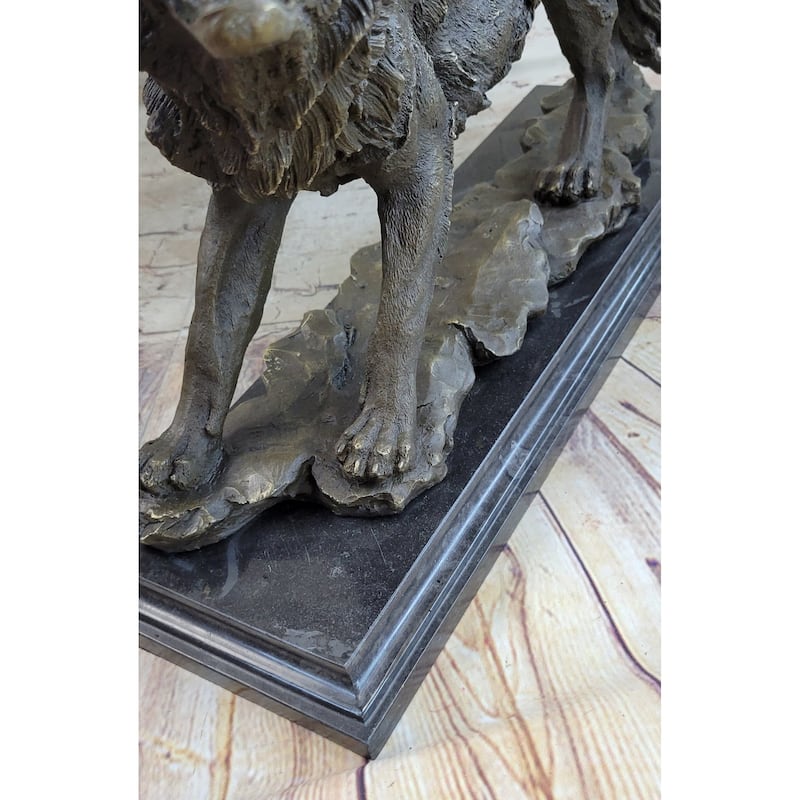 Fierce Wolf Howling Canine Bronze Sculpture Statue Art On Marble Base