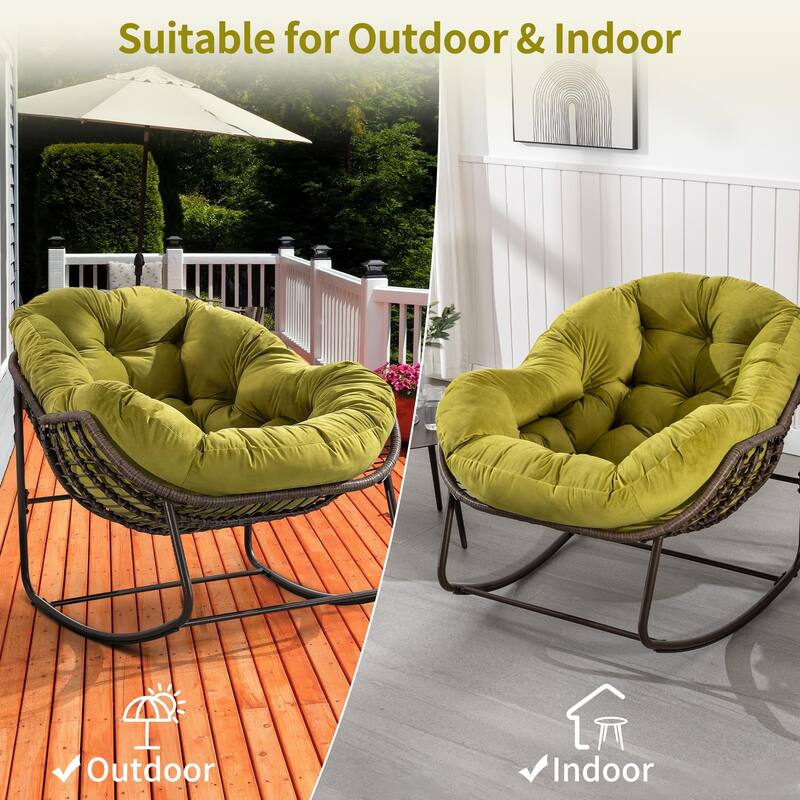 Outdoor Padded Cushion Rocking Chair, Patio Oversized Rattan Egg Chair