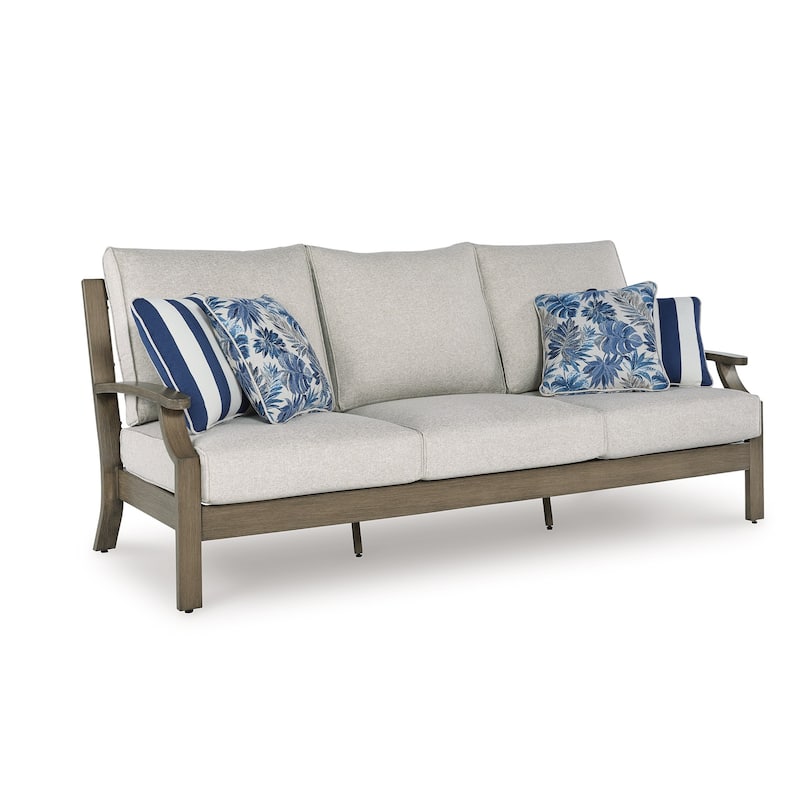 Inaya Outdoor Sofa, 4 Throw Pillows, Cream White, 89 Inch Brown Metal
