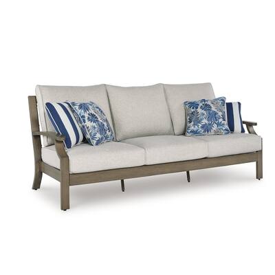 Inaya Outdoor Sofa, 4 Throw Pillows, Cream White, 89 Inch Brown Metal