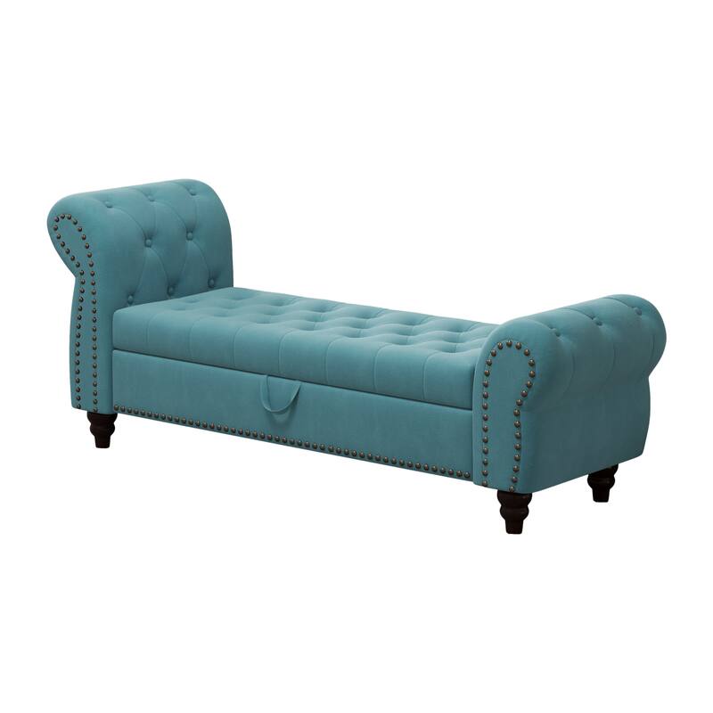 64.5" Storage Bench for Bedroom, Large Capacity Upholstered Ottoman, End of Bed Tufted Chaise Lounge with Rolled Arm