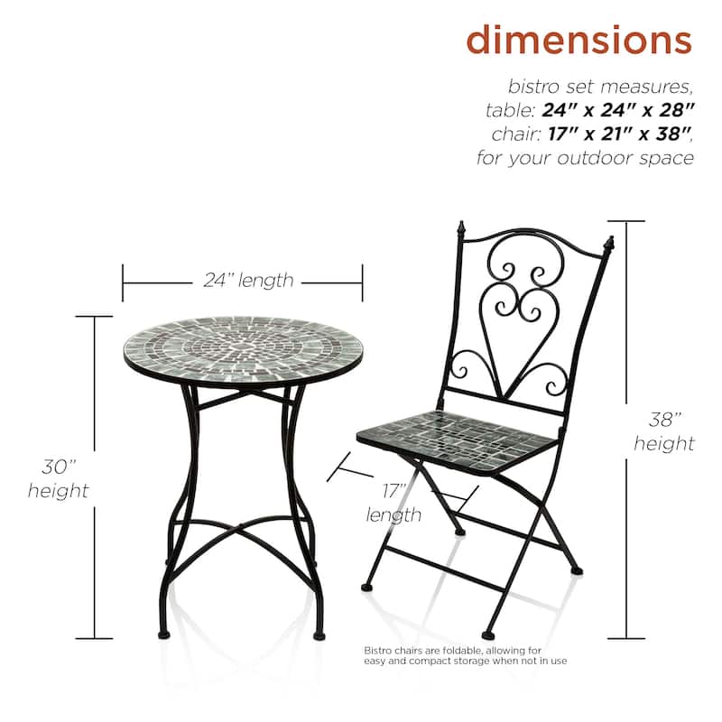 Alpine Corporation Indoor/Outdoor Marbled Glass Mosaic 3-Piece Bistro Set Folding Table and Chairs Patio Seating
