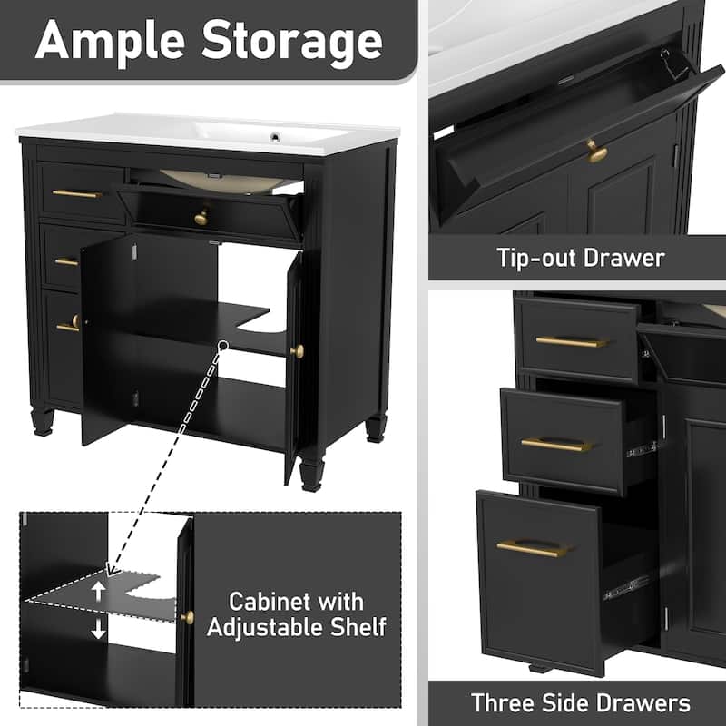 Modern 36 Inch Bathroom Vanity with Right-Side Sink, Storage Drawers, Adjustable Shelf, Painted MDF Finish