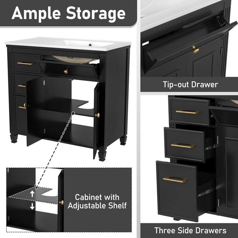 Roomfitters Bathroom Vanity with Sink, Ceramic Basin with One Tip-out Drawer, Three Side Drawers and Adjustable Shelf