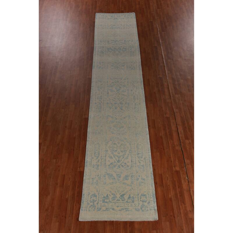 Hand Knotted Oriental 100% Wool Carpet Transitional Geometric Navy Blue & Blues Oushak Runner Rug - 16' 8'' X 3' 2''