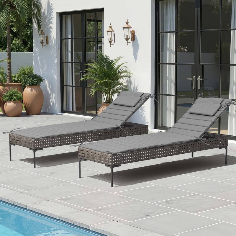 Outdoor Chaise Lounge Cushion Quilted Patio Sun Lounger Pad with Straps - 2PC - New Light Grey, Fits 71"-72" chaise