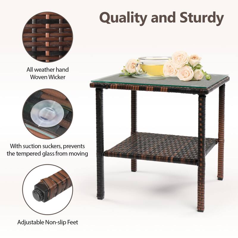 Square Outdoor Tea End Table Wicker Rattan Steel Frame with Tempered Glass Patio Balcony Garden - 17.52" L x 17.52" W x 18.5" H