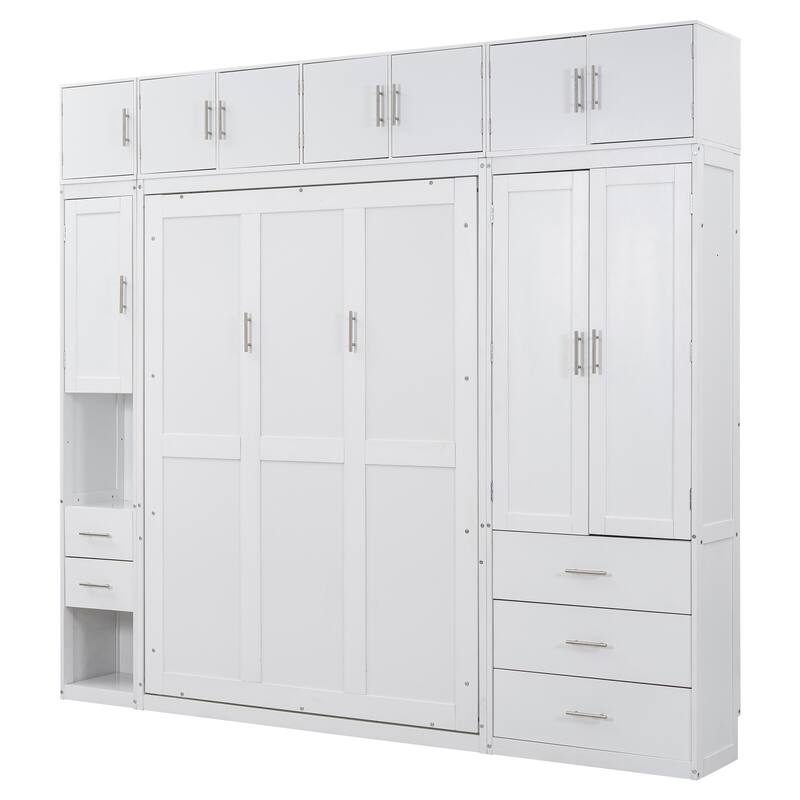 Space-Saving Full Size Murphy Bed with Storage Lockers & Wardrobes, White