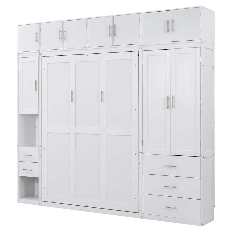 White Full Size Modern Design Murphy Bed with Drawers, Lockers and Wardrobes for Bedroom