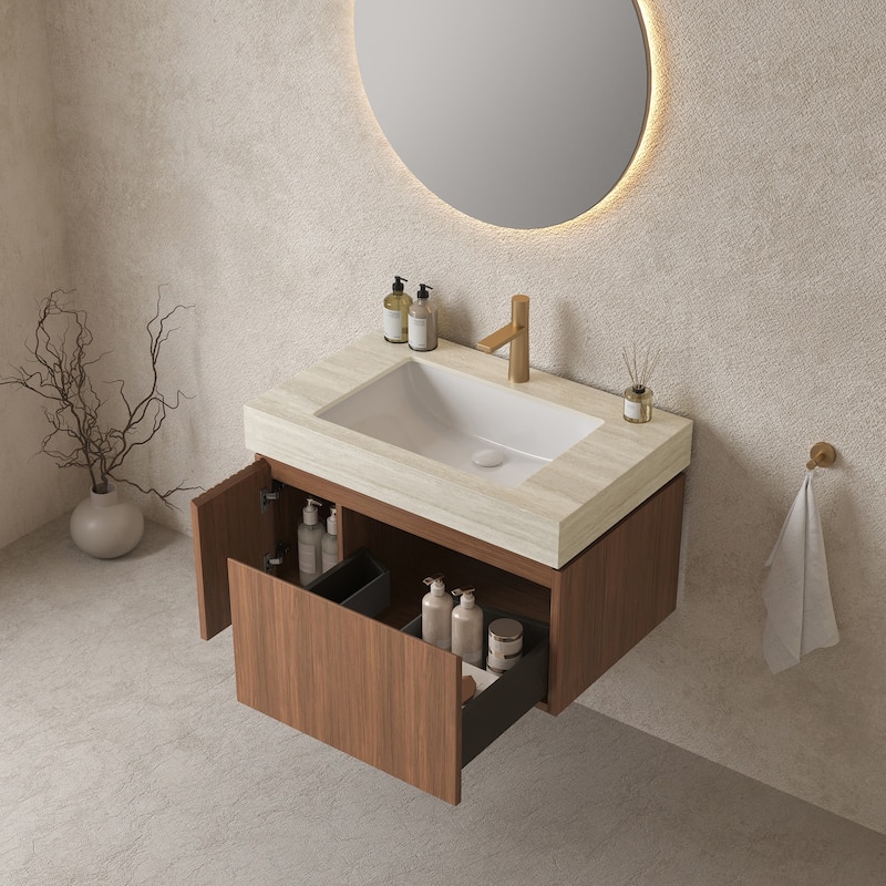 30"/36"/48" Wall-Mounted Bathroom Vanity with Ceramic Sink, Sintered Stone Countertop Floating Bathroom Storage Cabinet