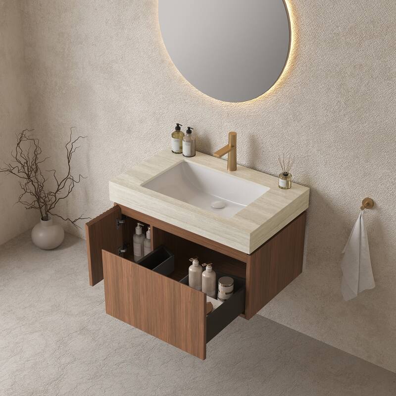 GDFStudio - Muri 30" Floating Bathroom Vanity with Travertine-Pattern Sintered Stone Countertop & Basin, WITHOUT Faucet - Brown Oak