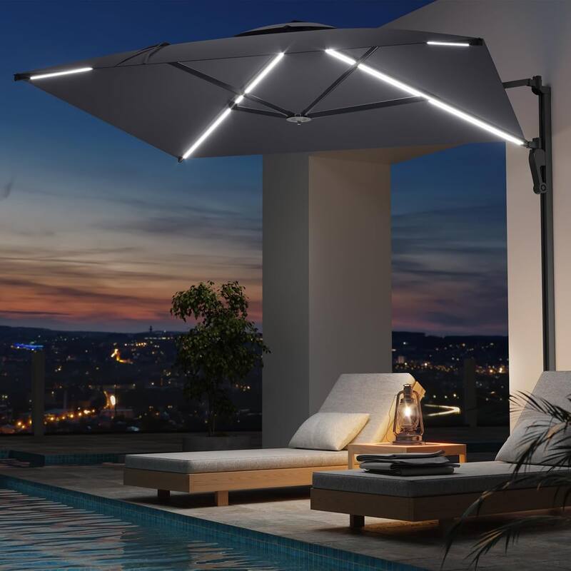 AECOJOY 10ft Solar LED Wall Mounted Outdoor Patio Umbrella, Rectangular Large Offset Cantilever Umbrellas with 180° Rotation