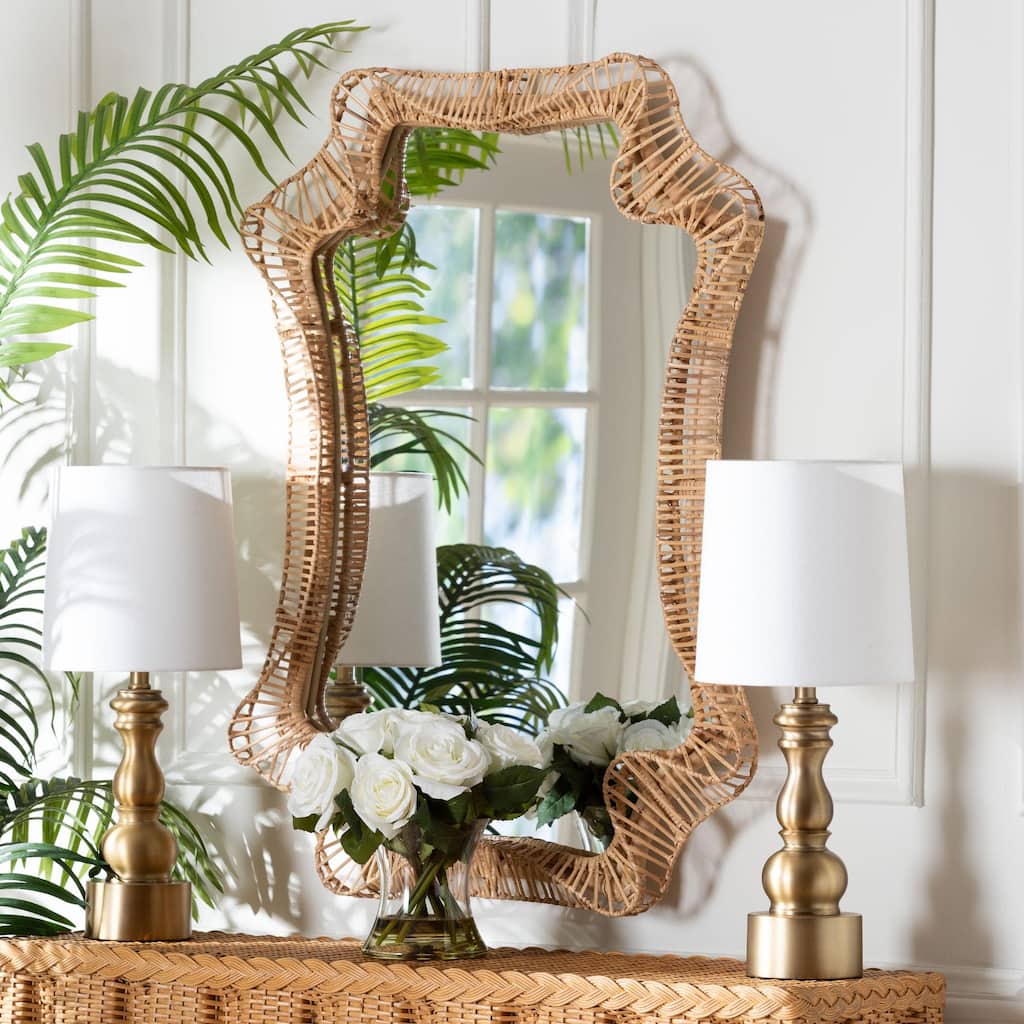 Yusra Natural Rattan Wall Mirror - Handwoven Wicker Frame with Freeform Silhouette, Coastal Boho Wall Décor - Natural Brown