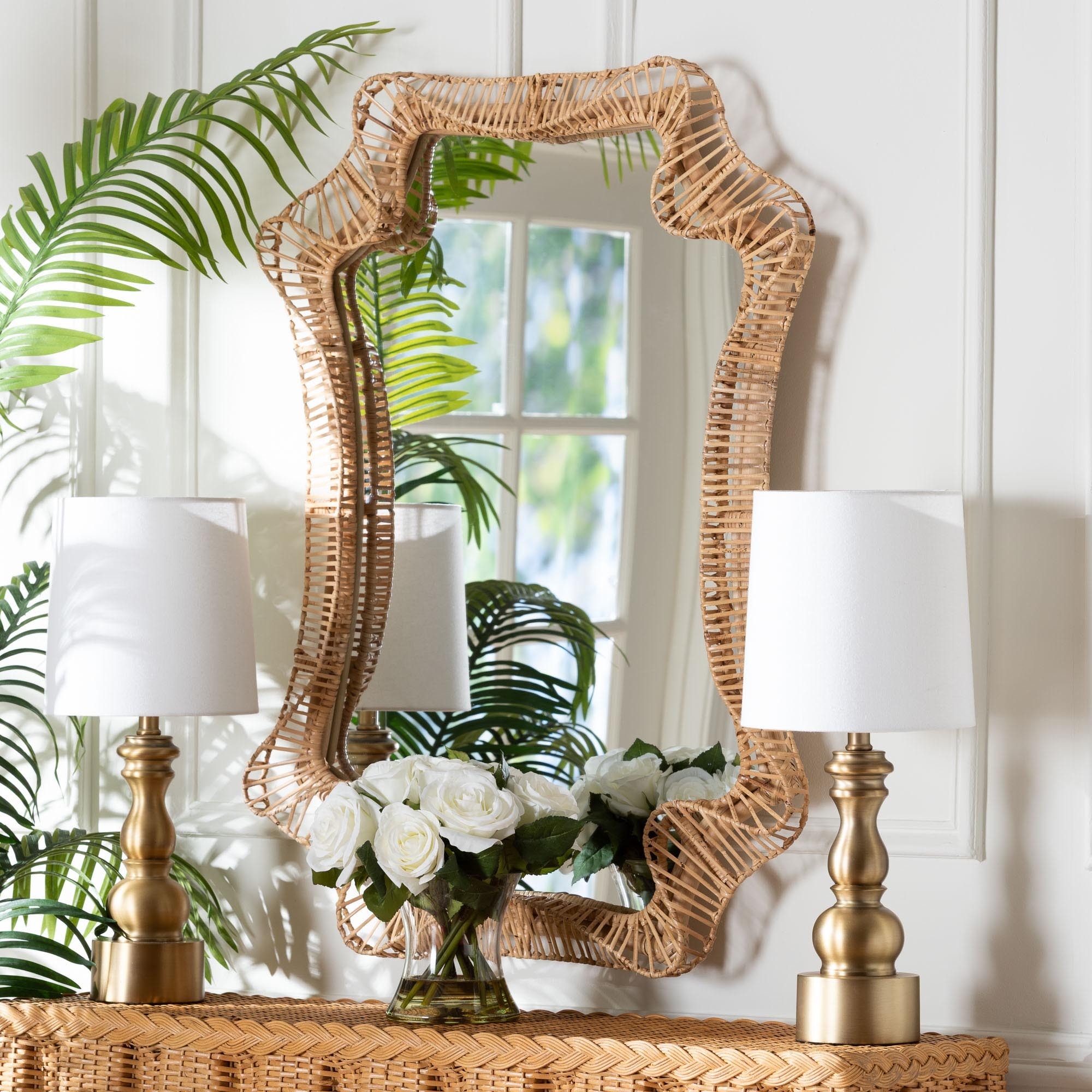 Yusra Natural Rattan Wall Mirror - Handwoven Wicker Frame with Freeform Silhouette, Coastal Boho Wall Décor - Natural Brown
