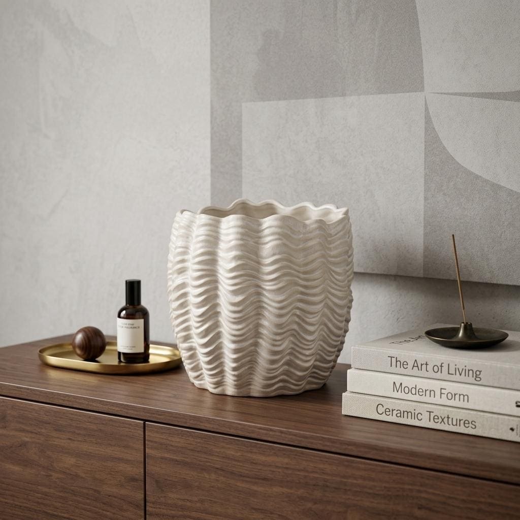 11" Cream Ceramic Sculptural Waves Table Vase - 11.61