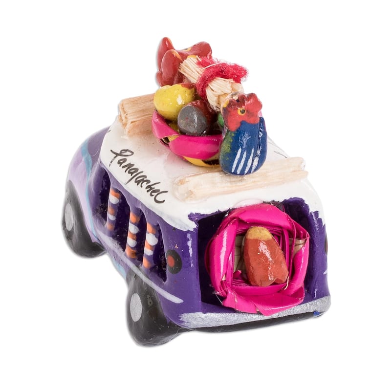 Novica Handmade Purple Market Bus Mini Ceramic Sculpture