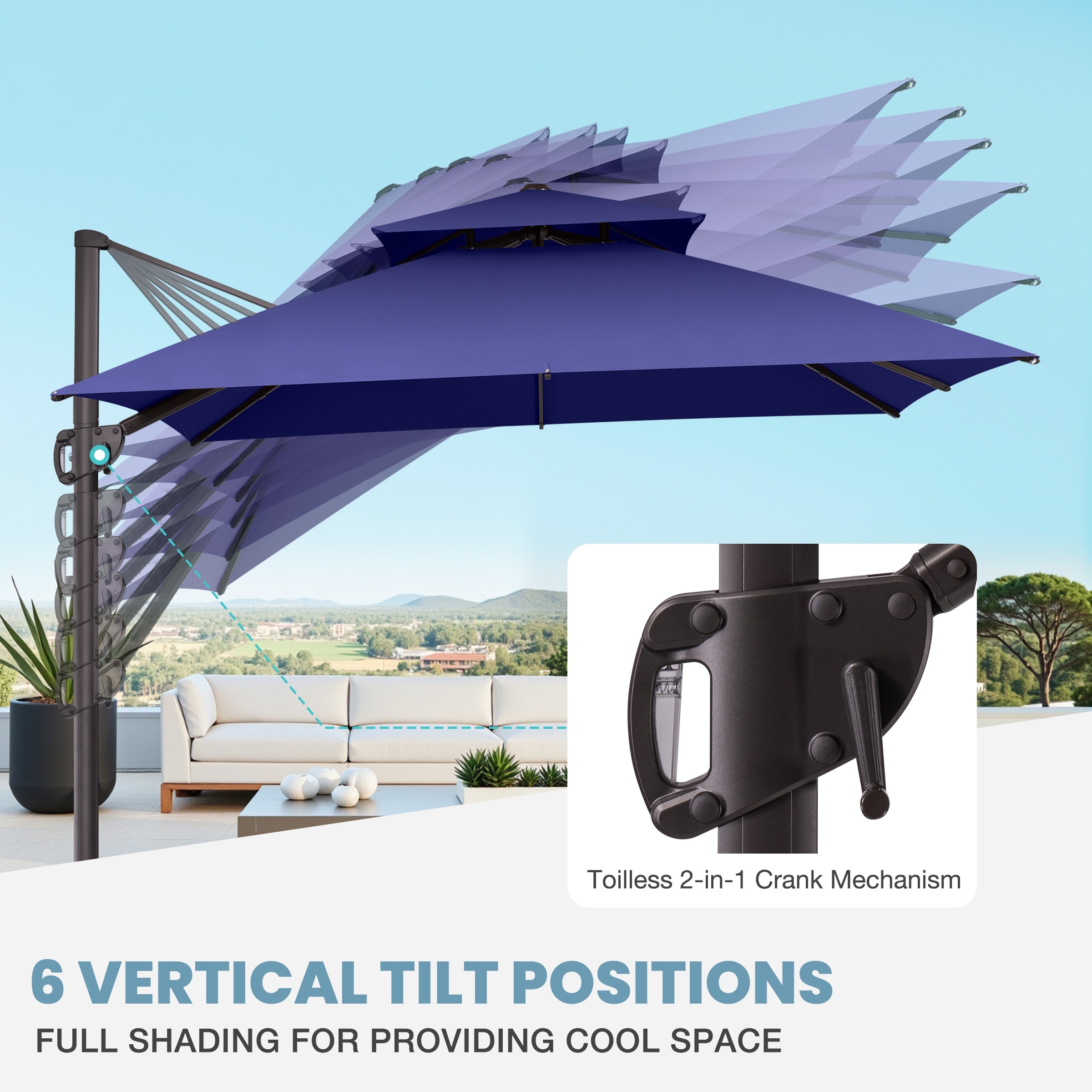 6 square cantilever patio umbrella With Base| Adjustable 11'11' / Grey The Double Top Patio Umbrellas stability and mobility are equally impressive PURPLE LEAF 6' x 6'