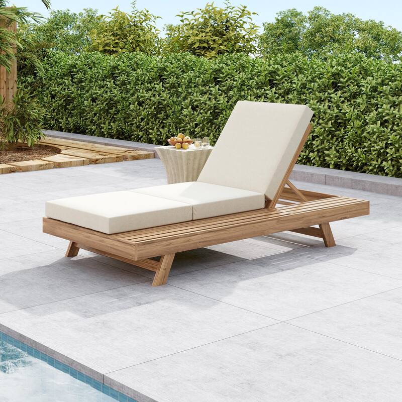 Outdoor Patio Acacia Wood Chaise Lounge Chair with Adjustable Backrest, Side Open Storage and Water-Repellent Cushions - Triple Fold Cream - 1pc Light Brown