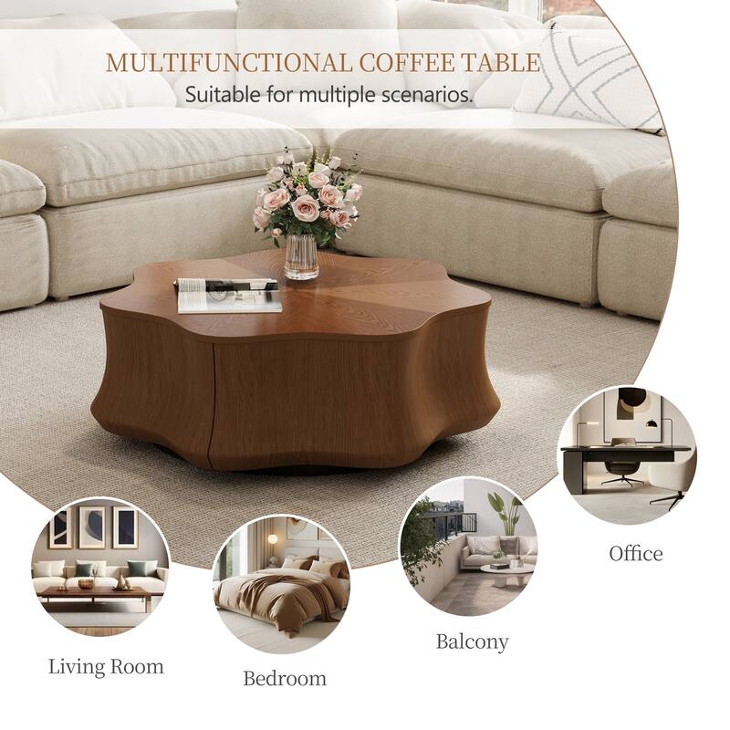 32.5" Petal Solid Wood Veneer Coffee Table - Drawer Storage, Modern&Medieval Living Rooms