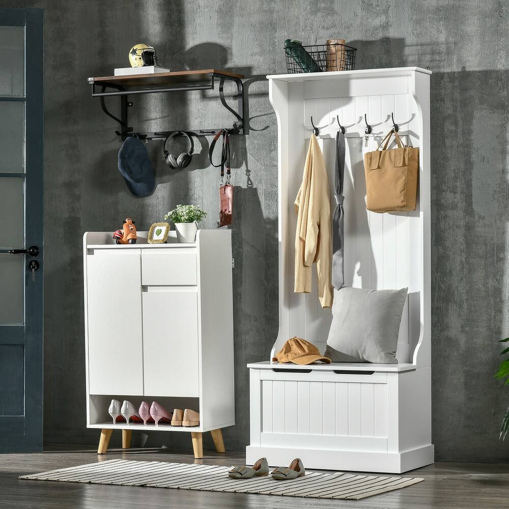 HOMCOM 3-In-1 Entryway Hall Tree with Storage Bench, Coat Rack with Four Hooks and Shoe Storage, White