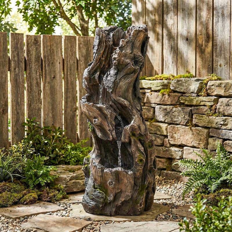 3 Tier Log Look Outdoor Water Fountain with Natural Stream Sound and Lights