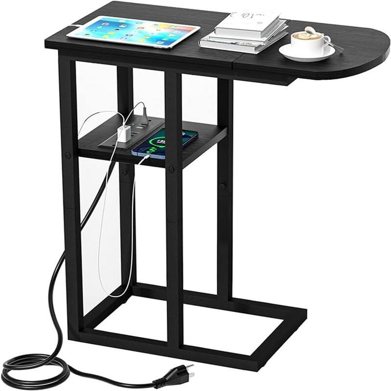 C Shaped End Table with Charging Station - 20.6"D x 11.8"W x 27.8"H