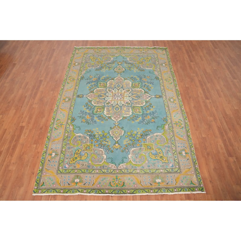 Hand Knotted Oriental 100% Wool Carpet Traditional Floral Navy Blue & Blues Tabriz Area Rug - 9' 8'' X 6' 6''