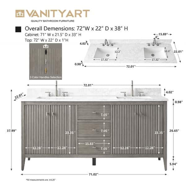 dimension image slide 0 of 10, Vanity Art 72" Double Sink Bathroom Vanity Cabinet with Engineered Marble Top