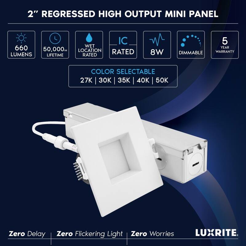 Luxrite 2 Inch Square LED Recessed Ceiling Light J-Box 8W 5CCT 660LM Dimmable Wet Rated IC Rated 6PK - 6 Pack