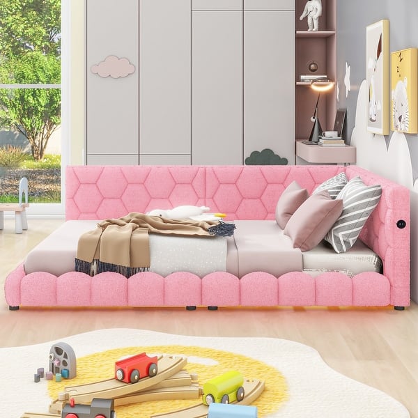 slide 2 of 10, Full Size Pink Upholstered Daybed Wood Platform Bed with USB Ports Pink - Full