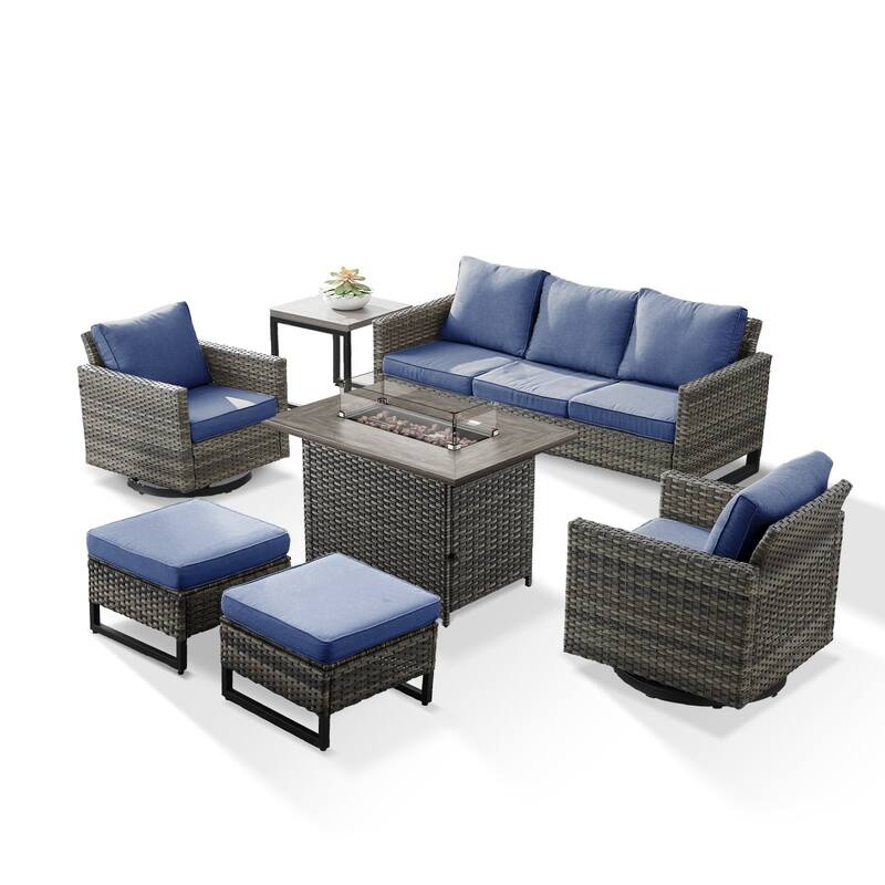 Outdoor Sofa Swivel Chairs Ottomans and Fire Pit Table