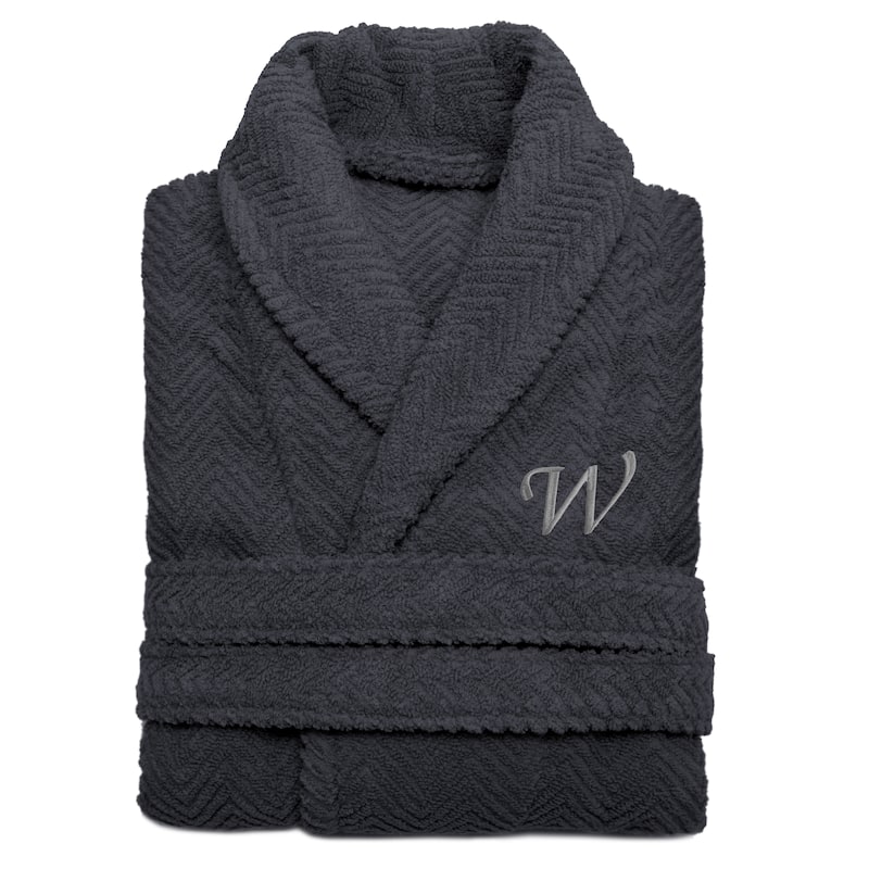 Authentic Hotel and Spa Charcoal Grey Monogrammed Herringbone Turkish Cotton Bath Robe - L/XL - W
