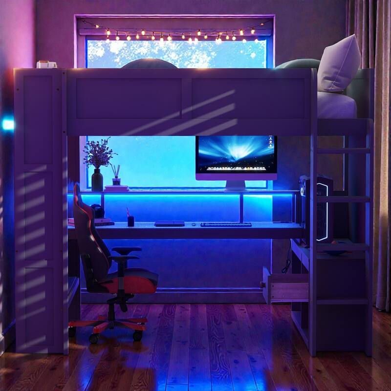 Full Size Gaming Loft Bed with Desk, Storage Shelves, LED Lights and Charging Station, Wooden Loft Bed Frame - Dark Grey - Full
