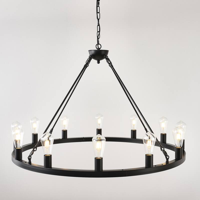 39.4 Inch Black Extra Large Wagon Wheel Chandelier,12-Lights Industrial Round Ceiling Pendant Adjustable Chain-E26 - Brown