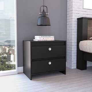 Black Nightstand Bedside Table with 2 Silver Metal Handles Drawers ...
