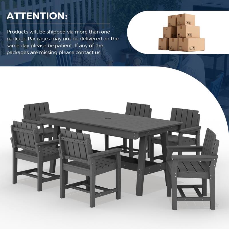 7-Piece HDPE Outdoor & Indoor Dining Set, Rectangular 67.91in W Table with Umbrella Hole and 6 Chairs Set of 7, Wood-Look Finish